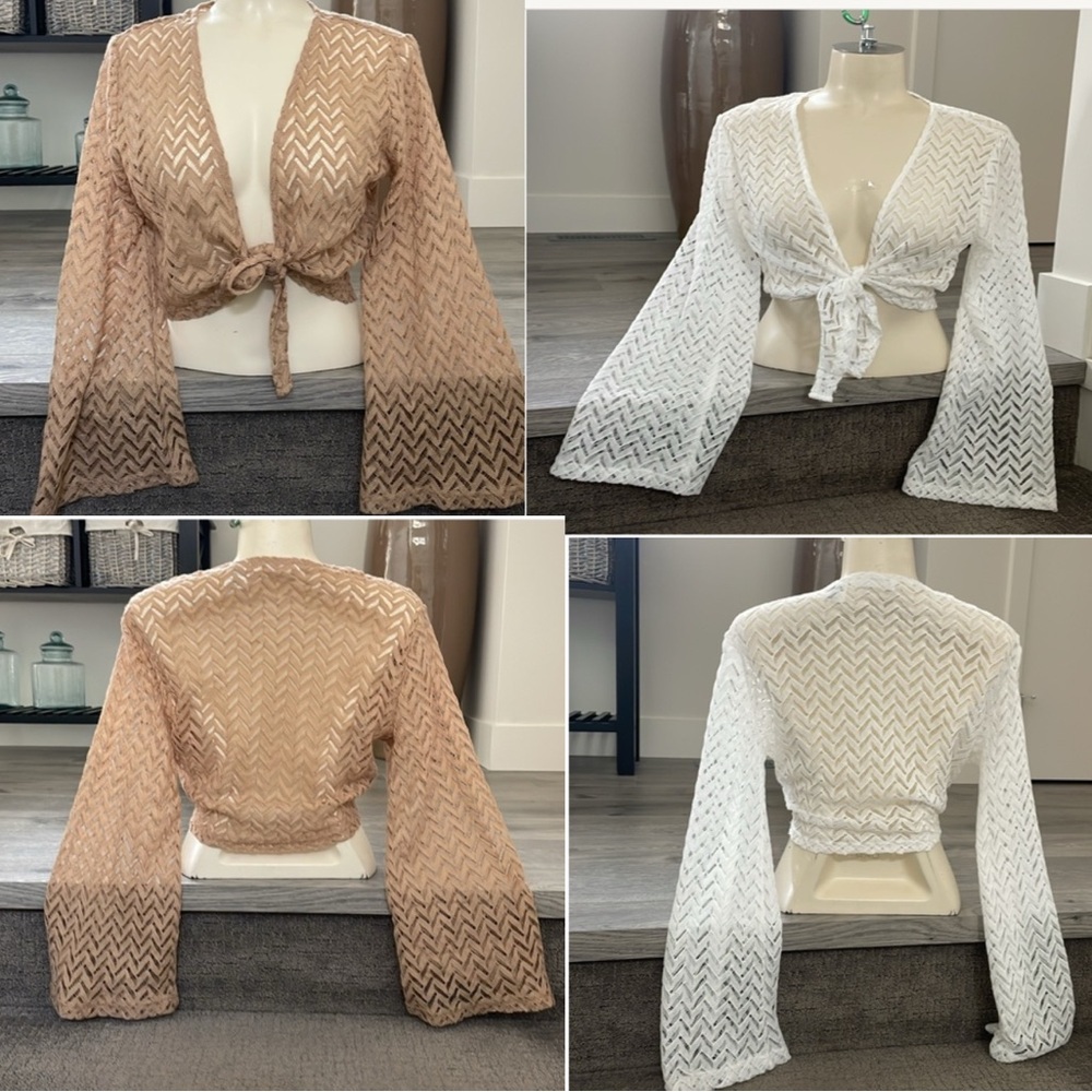 Golden BROWN Chevron Lace Bolero with long flared, arms and tie at the waist.